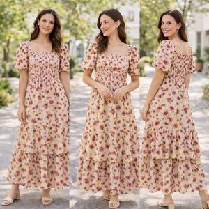 English Factory Tiered Floral Smocked Maxi Dress – Small – Flowing Chiffon NWOT